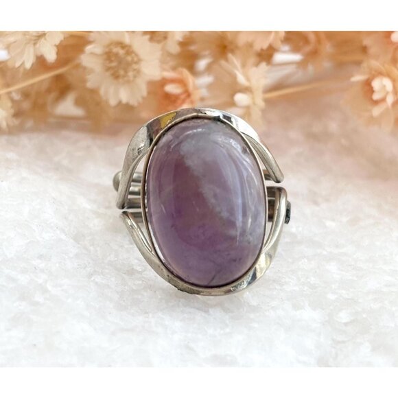 Domed Amethyst Semi-Precious Silver Adjustable Southwest Vintage Ring - sz 8 - Picture 1 of 9